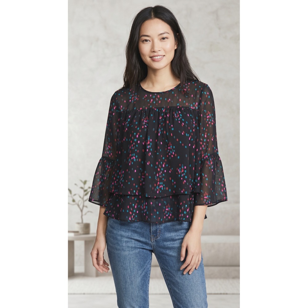 A New Day XS Top‎ Women's Black Multi Layered Bell Sleeve Boho Fairy Coquette